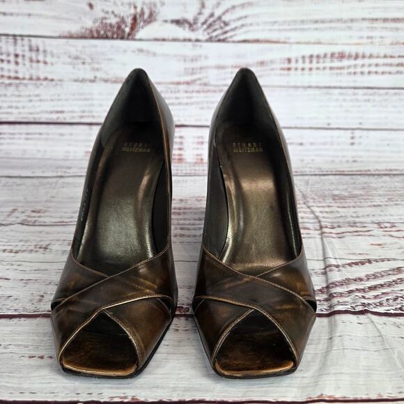 Stuart Weitzman Bonze Peep Toe Pumps 9 Chunky Heel Crossover Classic Lux Event - Picture 5 of 9